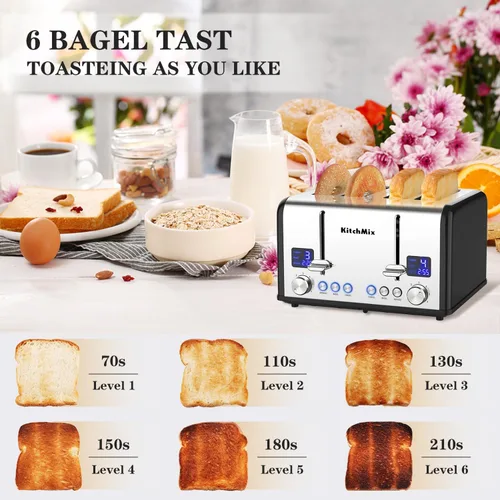 Vista 3 de Tostadora de 4 rebanadas, tostador de panecillos de acero inoxidable KitchMix con temporizador LCD, ranuras extra anchas, pantalla dual, bandeja