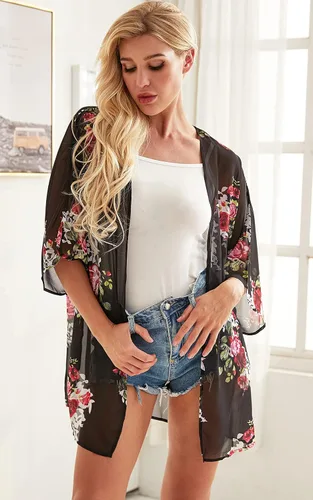Vista 7 de Cárdigan tipo kimono de manga abombada con estampado floral para mujer, blusa informal