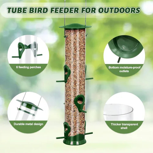 Vista 4 de 2 paquetes de comederos para pájaros verdes, comederos colgantes de tubo, comederos para pájaros salvajes de 6 puertos, comederos premium de Verde 2