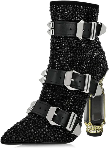 Vista 154 de FSJ Botas de tacón alto con punta puntiaguda para mujer, con tacón alto, con cremallera lateral brillante, estilo casual, para uso diario, zapatos