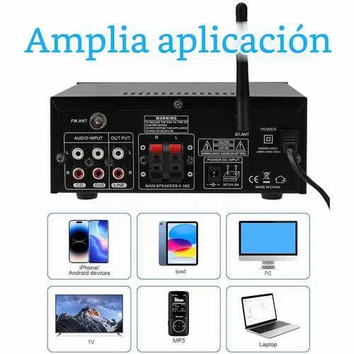 Vista 3 de Amplificador de audio 800W, 2 canales, Bluetooth 5.0