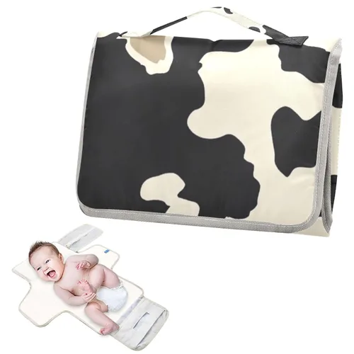 Vista 2 de Cambiador de pañales portátil con estampado de vaca beige y negro, impermeable, plegable, tapete cambiador de pañales de viaje para bebés, regalos