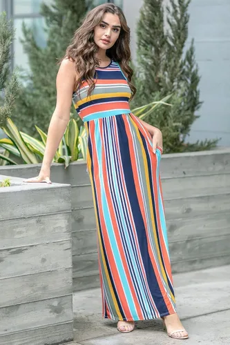 Vista 3 de Eloges - Vestido largo sin mangas con múltiples rayas para mujer S-3X Plus