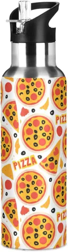 Vista 8 de Wusikd Pizza Slice - Botella de agua con tapa con pajilla, termo de doble pared para alimentos, termo aislado al vacío, botella de agua de acero