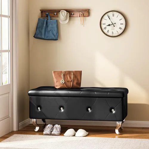 Vista 8 de DKLGG Banco otomano de almacenamiento para dormitorio, banco de entrada tapizado con patas y bisagra de seguridad, banco de almacenamiento pequeño