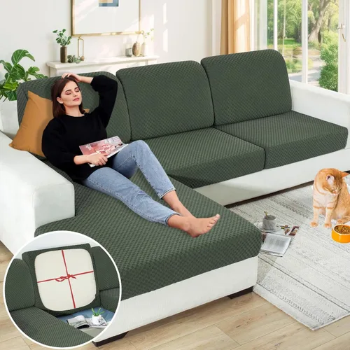 Vista 66 de YEMYHOM Funda de cojín para sofá, funda de cojín de asiento de alta elasticidad, tela jacquard geométrica de felpa, protector de sofá antideslizante