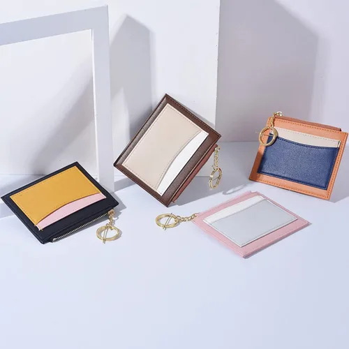Vista 6 de MaziZhang Tarjetero de crédito para mujer, cartera delgada con llavero, monedero pequeño minimalista para el día de la madre, Marrón, Minimalista