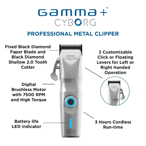 Vista 4 de GAMMA+ Cyborg - Cortadora de pelo ergonómica inalámbrica profesional de metal con motor digital sin escobillas