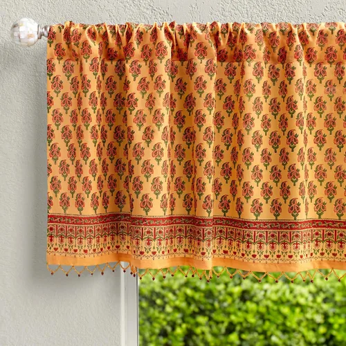 Vista 10 de Saffron Marigold Cortina de cenefa impresa a mano con ribete de cuentas, velo de novia blanco, perfecta para cocina, dormitorio, baño, comercio