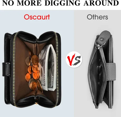 Vista 6 de oscaurt Cartera para mujer pequeña con bloqueo RFID, cartera de dos pliegues con tarjetero para tarjetas de crédito, ventana para identificación