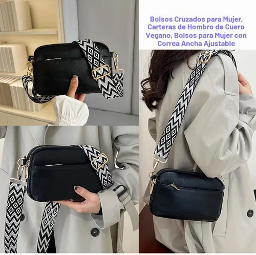 Vista 5 de Bolsos cruzados para mujer, bolsos de hombro de piel vegana y carteras para mujer con correa ancha ajustable
