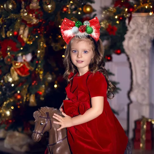 Vista 8 de Ecuupas Diadema de Navidad con lazo para el pelo, color rojo, brillante, verde, campana, diseño de tocado para mujeres, niñas, niños, invierno