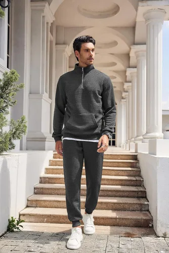 Vista 4 de COOFANDY Conjunto deportivo de 2 piezas para hombre, ajuste relajado, con media cremallera, para correr