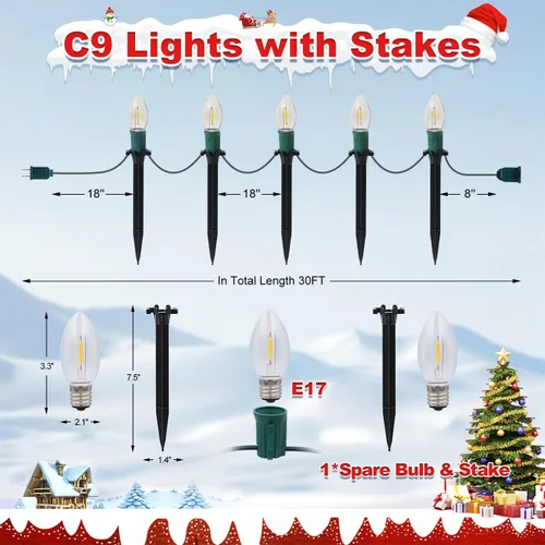 Vista 4 de USOKYO 20 bombillas LED C9 de 30 pies, luces LED de Navidad para exteriores, bombillas LED blancas cálidas, impermeables, conectables, luces