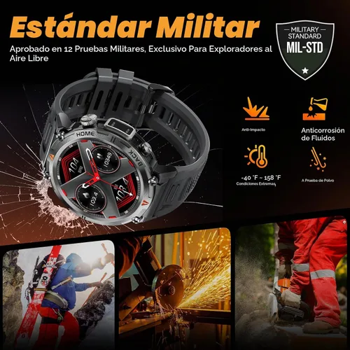 Vista 5 de Reloj inteligente militar para hombres táctico resistente Bluetooth llamada Negro