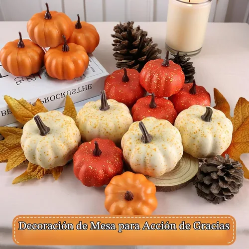Vista 5 de LZNPA Juego de 16 mini calabazas artificiales artificiales con hojas de otoño, espuma de plástico tallable, pequeñas calabazas blancas