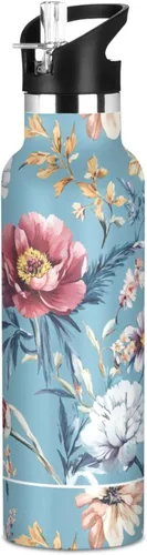 Vista 24 de Flores de otoño, tulipán, narciso, gladiolo, azul, doble pared, aisladas al vacío, botellas de agua con pajitas, a prueba de fugas, sin BPA, a