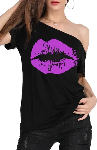 Vista 60 de MAGICMK - Camiseta casual para mujer, con estampado de labios y hombro descubierto, talla extragrande