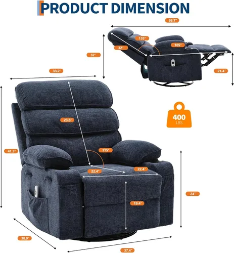 Vista 2 de Garvee Silla reclinable giratoria de 360° con bolsillos laterales, tela de Azul - lino