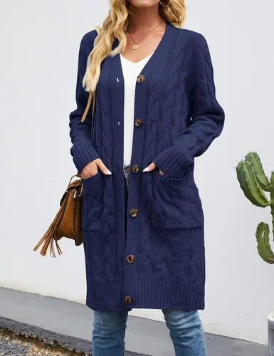 Vista 2 de MEROKEETY - Cárdigan largo de punto trenzado para mujer, suéter tejido de manga larga, abierto por delante y con botones, ropa para exteriores