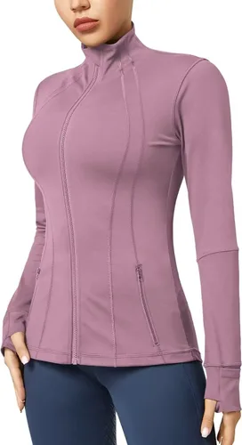 Vista 3 de QUEENIEKE Chaquetas atléticas para mujer, de algodón, suave, con cremallera completa, ajustada, para entrenamiento, correr, con bolsillos