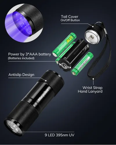 Vista 7 de Morpilot - Linterna de luz negra mini UV: linternas de luz negra de 395nm, luz de 9 led para detector de orina de mascotas para perro/gato, manchas