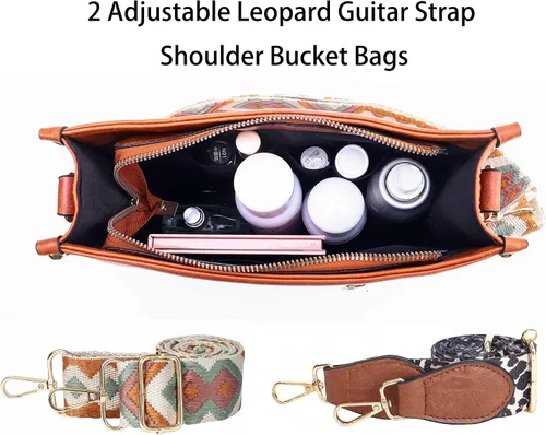 Vista 5 de HAIBOLAN bolsa cruzada con correa de guitarra de leopardo, bolsa bandolera de base redonda para mujer