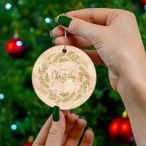 Vista 4 de Christmas Tree Ornaments Merry Christmas Marble Christmas Ornament Keepsake Ornament Home Decor Marble Printed Hanging Pendants Round Ceramic Xmas
