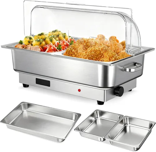Vista 11 de Garvee Juego de bufé de platos de roce eléctrico, calentador de alimentos de 9 cuartos de galón con tapa de policarbonato transparente, con 1 sartén
