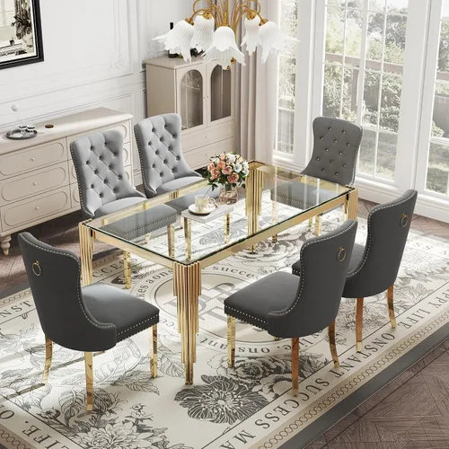 Vista 24 de Juego de mesa de comedor de cristal de 5 piezas para 4, mesa de cocina cuadrada de 37 pulgadas con 4 sillas tapizadas de terciopelo negro, mesa