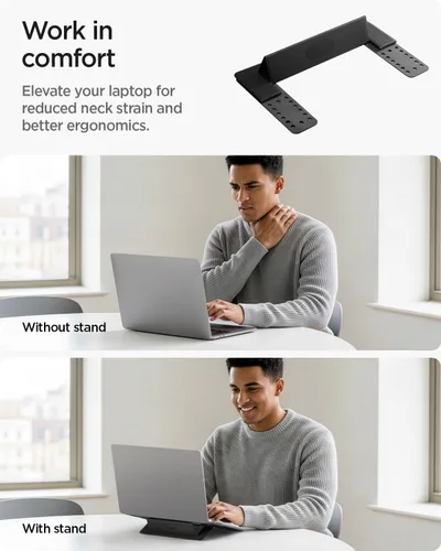 Vista 3 de Spigen Soporte plegable delgado para laptop, portátil, ergonómico, elevador de ángulo, antideslizante, compatible con MacBook Neo, MacBook Air