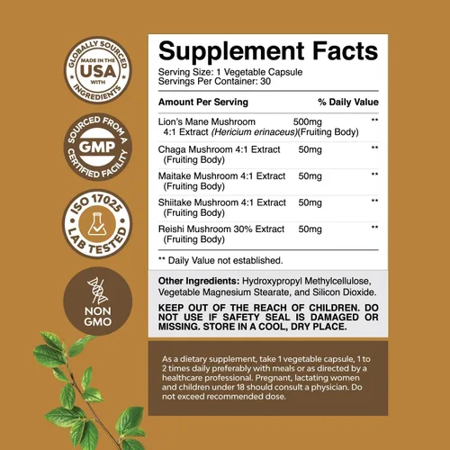 Vista 3 de Suplemento avanzado de hongo melena de león – Cápsulas de suplemento de melena de león con Reishi Chaga Maitake y Shiitake para la salud cerebral