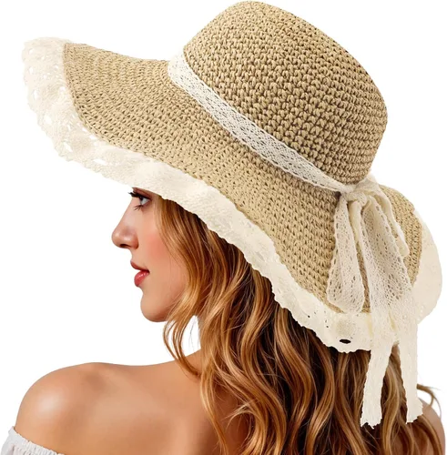 Vista 7 de Sombreros de playa para mujer, sombrero de sol plegable de ala 5.5 in-Beige