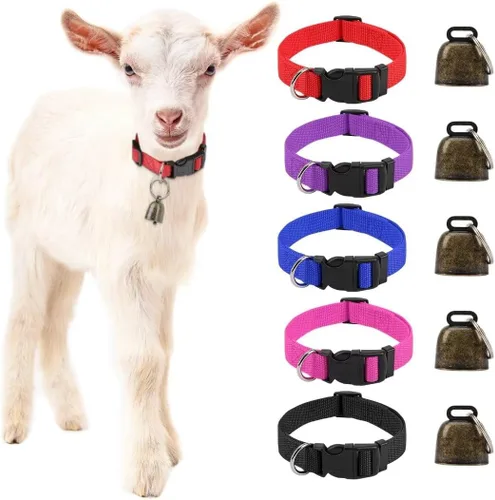 Vista 8 de Paquete de 5 collares reflectantes de cabra con campanas, collar para mascotas antipérdida Adjustable Nylon Collar & Sheep Grazing Copper Bells