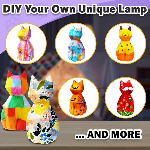 Vista 6 de FUNZBO 2 piezas Pintar tu propia lámpara de gato - Suministros de arte y manualidades, kits de pintura de gatitos para niños y adolescentes, juguete