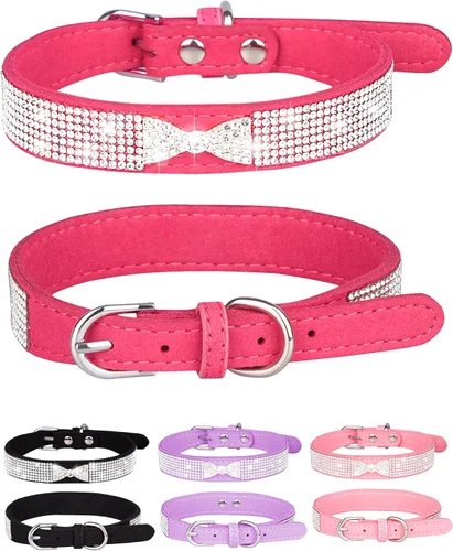 Vista 20 de Collar de perro para perros pequeños, collares ajustables de cuero de gamuza para perro, collar de perro rosa para gato, collar de perro