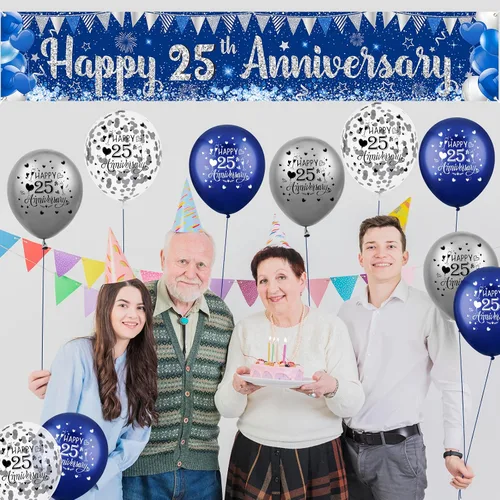 Vista 6 de Decoraciones azules plateadas para el 25 aniversario para hombres y mujeres, pancarta azul feliz 25 aniversario y 18 globos para suministros