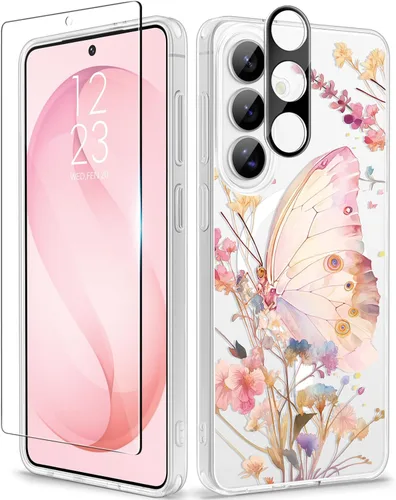 Vista 98 de GVIEWIN Funda protectora para Samsung Galaxy S25, transparente floral, delgada, a prueba de golpes, para mujer, no se pone amarilla, con protector