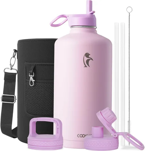 Vista 75 de Coolflask Botella de agua de 20 onzas aislada con pajilla, 3 tapas de metal de acero inoxidable, botella de agua de boca ancha para deportes u