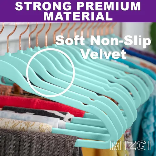 Vista 2 de MIZGI - Perchas de terciopelo premium - de alta resistencia, antideslizantes, (paquete de 50 unidades), ganchos color azul agua y dorado rosa