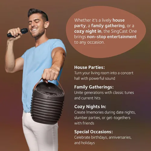 Vista 6 de Singing Machine Sistema de karaoke para adultos y niños con micrófono inalámbrico, SingCast One - Altavoz de karaoke con tecnología de transmisión