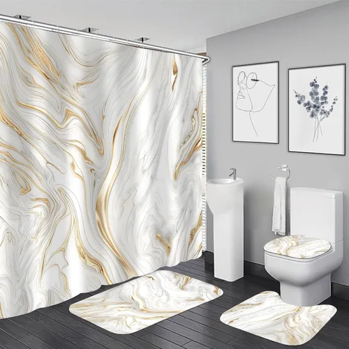 Vista 10 de Nkzply Juego de 4 Piezas de Cortinas de Ducha de Mármol Negro con Alfombras, Juegos de Baño Dorados con Cortina de Ducha y Alfombras, Accesorios