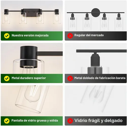 Vista 5 de Lámparas de tocador modernas de 4 luces sobre el espejo, lámparas de baño negro mate, luces de tocador, aplique de pared con pantalla de vidrio