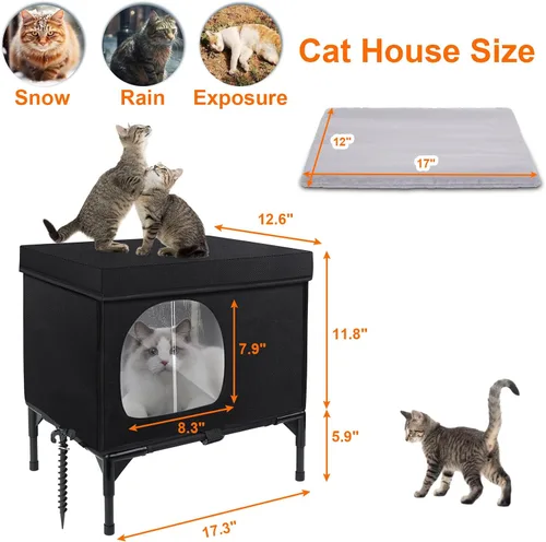 Vista 6 de Casa para gatos al aire libre, resistente a la intemperie, aislada, para gatos con cojín acogedor, refugio elevado para gatos al aire libre
