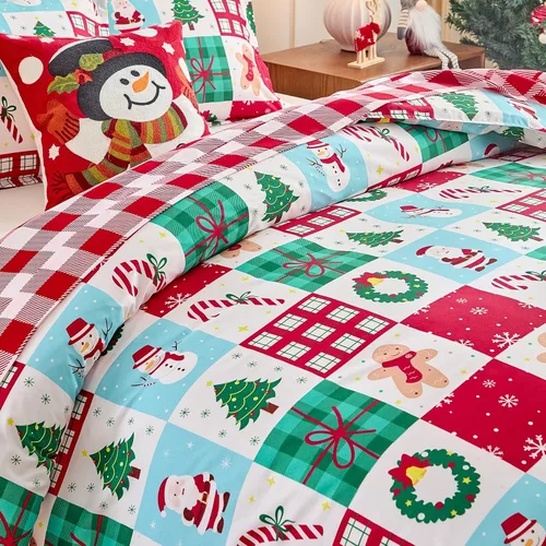Vista 7 de Joyreap Juego de funda de edredón de 3 piezas, diseño navideño a cuadros rojos y verdes, microfibra suave y transpirable para todas las estaciones