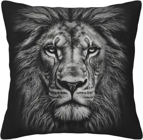 Vista 2 de Fundas de almohada decorativas de pana con estampado de cabeza de león en blanco y negro, funda de almohada suave para sofá, funda de cojín cuadrada