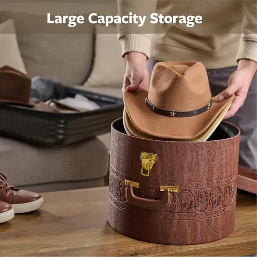 Vista 3 de Creative Scents Caja grande para sombreros para hombres y mujeres, contenedor redondo para sombreros, fácil viaje, con tapa de bloqueo dorada y asa