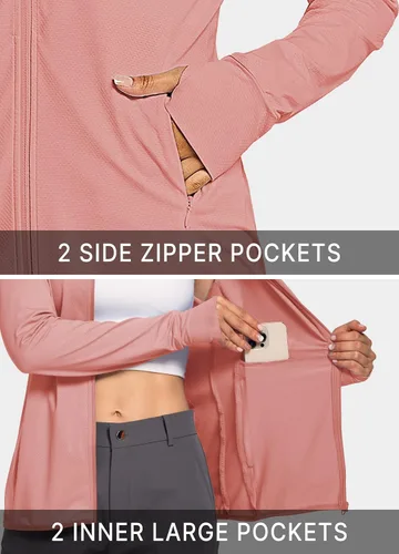 Vista 3 de ChinFun Chaqueta con capucha y protección solar para mujer, UPF 50+, con cremallera completa, manga larga, para correr, senderismo, rendimiento