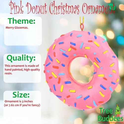 Vista 2 de Tree Buddees Adorno navideño de donut rosa con chispas