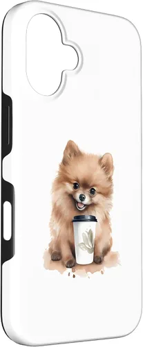 Vista 3 de iPhone 16 Pomerania perro con café estilo acuarela caso